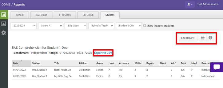 BAS Student Comprehension Level Report Overview in Heinemann Fountas ...