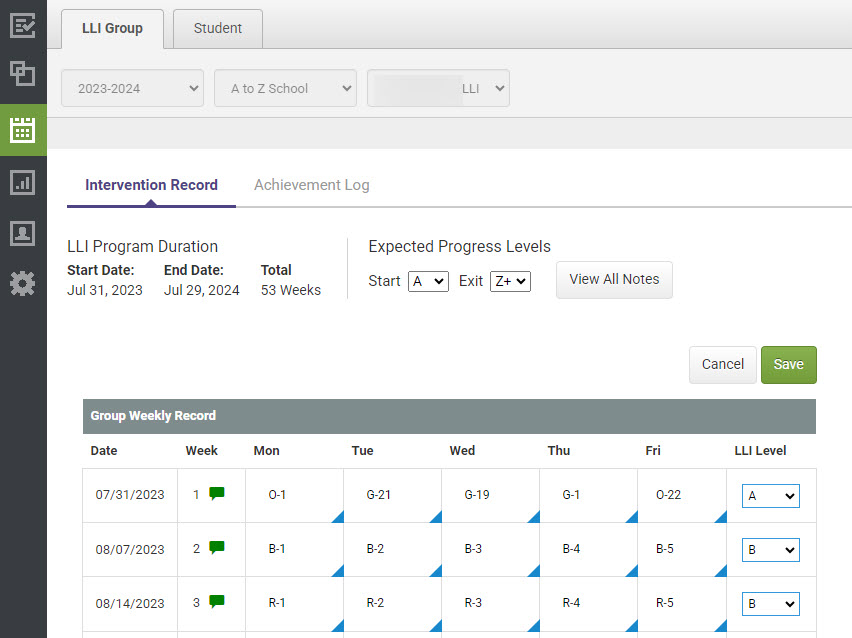 LLI Intervention Record Group Screen Overview with Heinemann Fountas ...