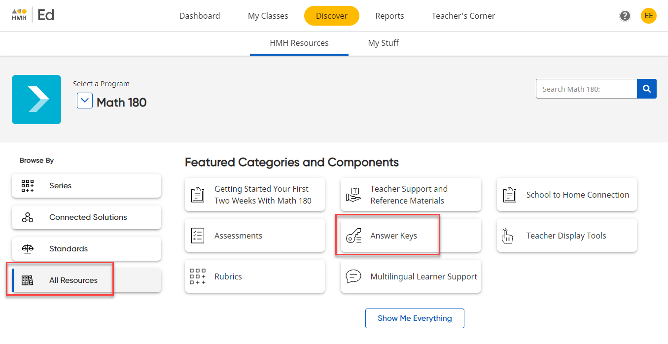 Locating the Math 180 on HMH Ed Success Zone Answer Keys