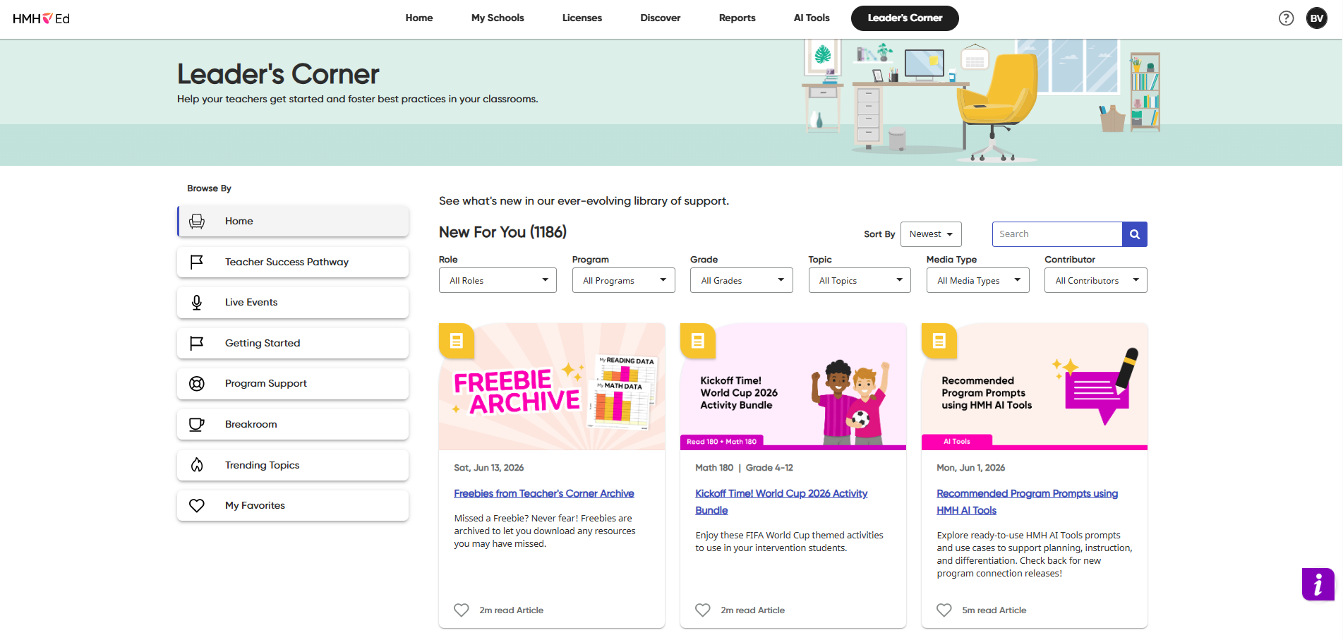 Navigate the Leader's Corner Page in HMH Ed as an Administrator